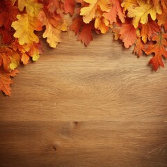 Autumn oak leaves border a wooden surface overhead studio shot seasonal fall colors and textures for backgrounds