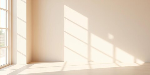 Fototapeta premium Light beige wall, soft window light, subtle shadow, minimalist backdrop for product display, display, clean