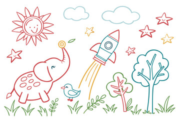 Hand drawn vector illustration of a happy family with flowers and nature elements