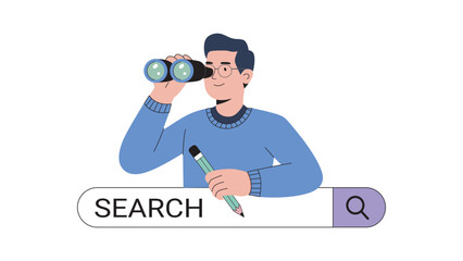 Creative flat design of a character with binoculars and pencil inside a web search bar, symbolizing online exploration, data research, and keyword finding