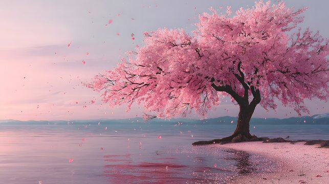 Beautiful cherry blossom tree landscape wallpaper background for desktop and mobile phone screensavers