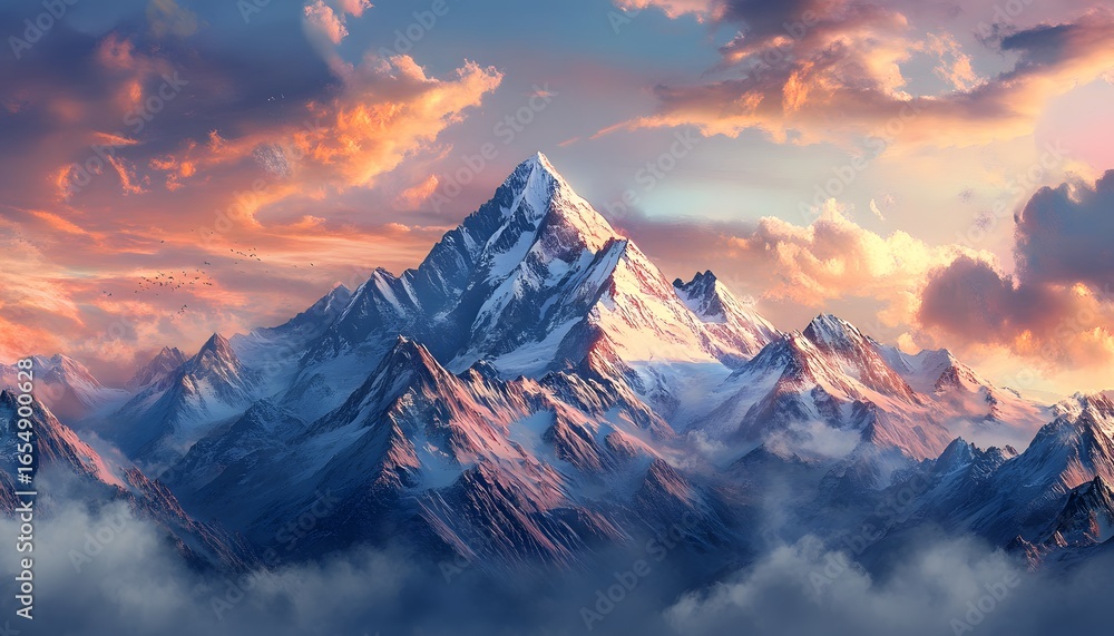 Poster a mountain range with a large mountain in the middle. the sky is cloudy and the sun is setting