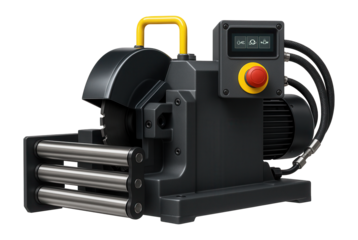 Stationary rebar cutting machine with a conveyor feed system and digital display for large construction yards.