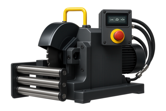 Stationary rebar cutting machine with a conveyor feed system and digital display for large construction yards.