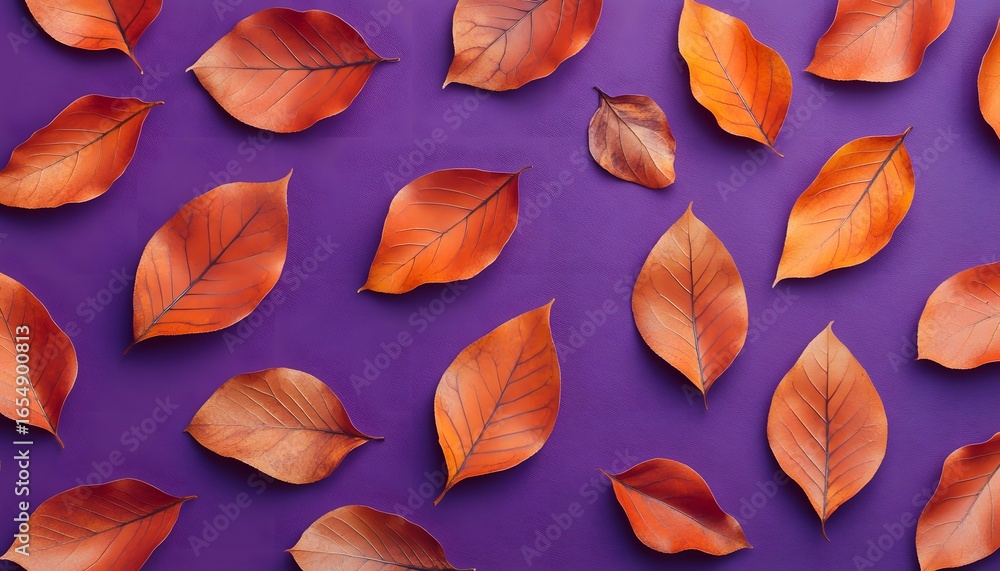 Poster A purple background with orange leaves scattered across it. The leaves are of different sizes and shapes. Some are larger and more prominent, while others are smaller and more subtle