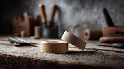 Craft tools  tape on a rustic workbench. Evokes repair, DIY, craftsmanship,  vintage. Perfect for creative projects, workshops, and handson work.