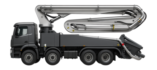 Truck-mounted concrete pump with a telescopic boom for large-scale construction sites.