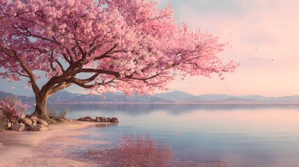 Beautiful cherry blossom tree by the lake scenic landscape nature photography pink flowers spring season serene view