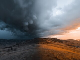 Dramatic storm cloudscape over golden hills in Colorado landscape photography at sunset