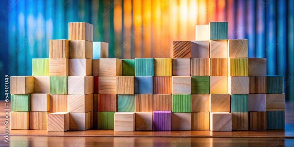 Poster colorful wooden blocks arranged in an abstract pattern on a tabletop