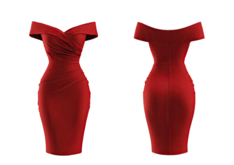 Red off-the-shoulder midi dress, front and back views