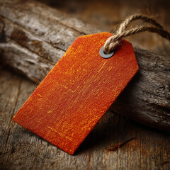 Orange fabric label tag with soft textile texture on rustic wooden background with vintage warm light for creative product branding mockup