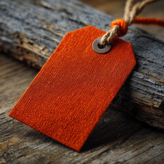 Orange fabric label tag with soft textile texture on rustic wooden background with vintage warm light for creative product branding mockup
