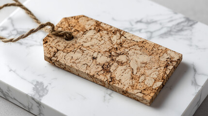 Cork blank tag with rustic string on elegant white marble background, eco-friendly natural branding mockup for product packaging, retail identity and modern stylish visuals