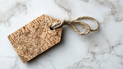 Cork blank tag with rustic string on elegant white marble background, eco-friendly natural branding mockup for product packaging, retail identity and modern stylish visuals
