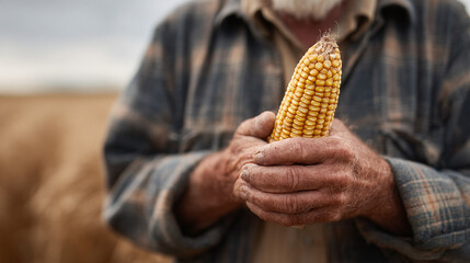 Closeup of weathered hands holding golden corn. Symbolizes harvest, agriculture, hard work, and the bounty of nature. Perfect for food, farming, and rural themes.