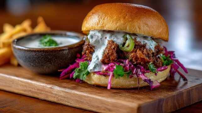 Gourmet Pulled Pork Burger with Red Cabbage Slaw and Creamy Sauce on Wooden Board Close Up Food Photography - Powered by Adobe