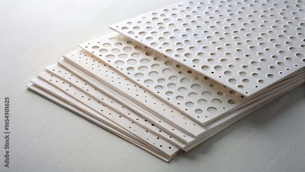 Poster a stack of off-white perforated sheets with varying hole patterns, showcasing diverse design options