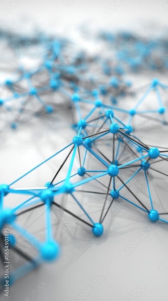 Poster abstract network connection structure close up shot with blue spheres and black lines on white surfa
