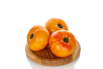 Juicy fresh tomatoes isolated on white background, close-up.