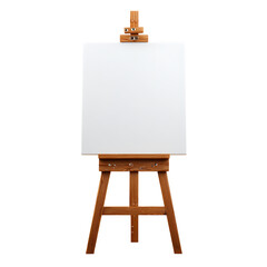 Wooden artist easel holding a blank white canvas isolated on transparent background
