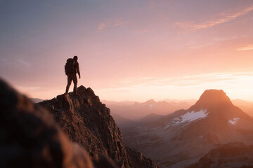 A hiker stands atop a mountain peak at sunset, gazing at the expansive landscape. Represents adventure, success, overcoming challenges, and the beauty of nature. Inspiring  aspirational.