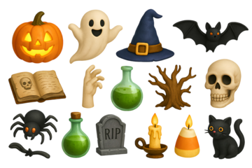 Halloween Cartoon Icons Set with Pumpkin, Ghost, Skull and Spooky Elements