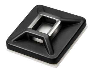 Cable tie mount with adhesive backing for securing cables to flat surfaces in electronic equipment racks.