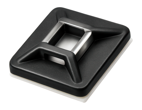 Cable tie mount with adhesive backing for securing cables to flat surfaces in electronic equipment racks.