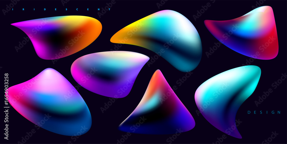 Poster set of iridescent fluid shapes and bubbles. collection of colorful vector design elements.