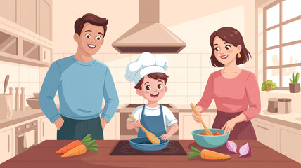A cartoon illustration of a family cooking scene in a kitchen.