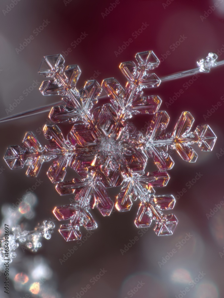 Aufkleber close-up macro photograph of a single symmetrical snowflake on a thin branch against a blurred reddi