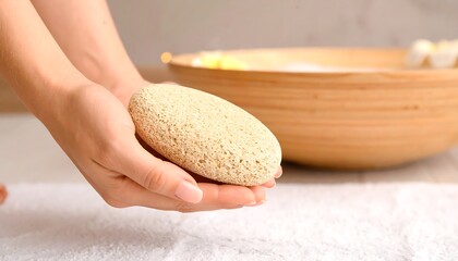 Hands holding a natural, light beige pumice stone, perfect for spa treatments.