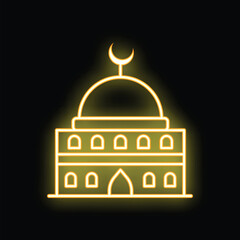 Neon sign representing a mosque building with its minaret and its crescent moon, glowing on a dark background
