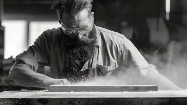 A man with a long beard is cutting a piece of wood, showing his skill and craftsmanship