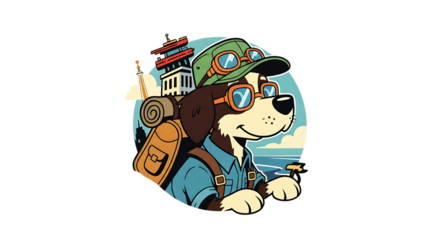 Dog tourist with backpack isolated on transparent background