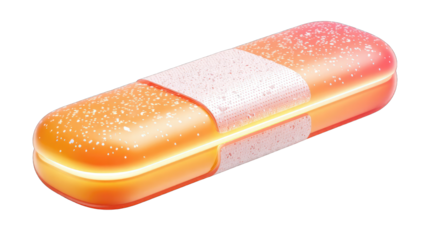A glossy, orange-yellow pill or capsule, wrapped with a white bandage