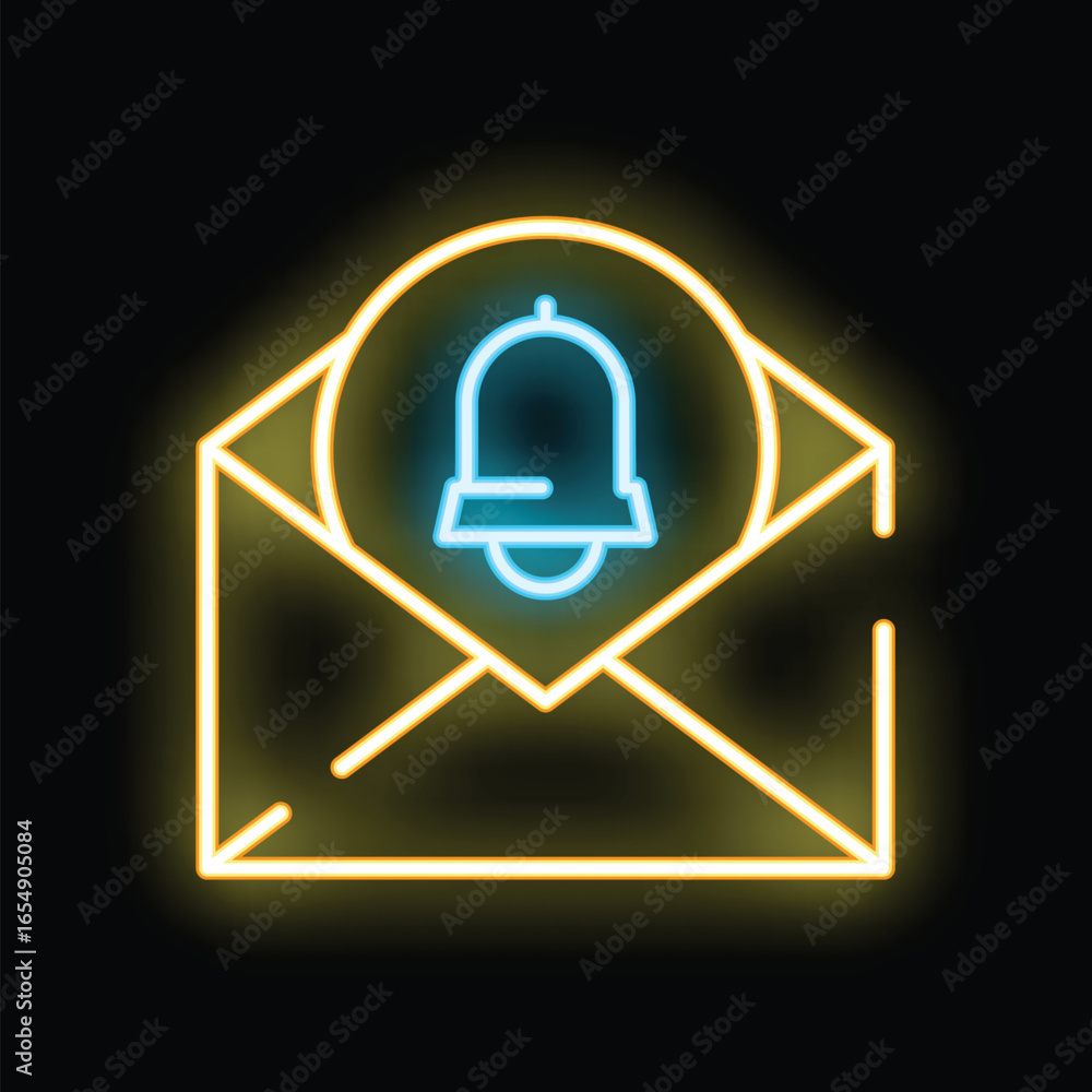Aufkleber neon icon representing an email envelope with a notification bell, symbolizing a new message alert