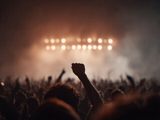 Energetic crowd at a concert, fists raised in celebration under bright stage lights. Captures the feeling of unity, passion, and shared experience. Ideal for music, events, or youth concepts.