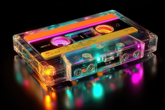 Transparent cassette tape, vibrant neon lights