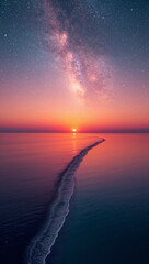 Milky Way Galaxy Over Ocean Sunset With Wave Trail Leading To Horizon Epic Night Sky Landscape For Nature Travel And Scenic Background Design