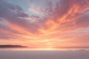 Naklejka premium Serene beach scene featuring a breathtaking sunset with vibrant, colorful clouds reflecting on the water. Evokes peace, travel, and the beauty of natures wonders.