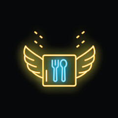 Glowing neon sign representing a fast food delivery service, featuring cutlery inside a square with wings