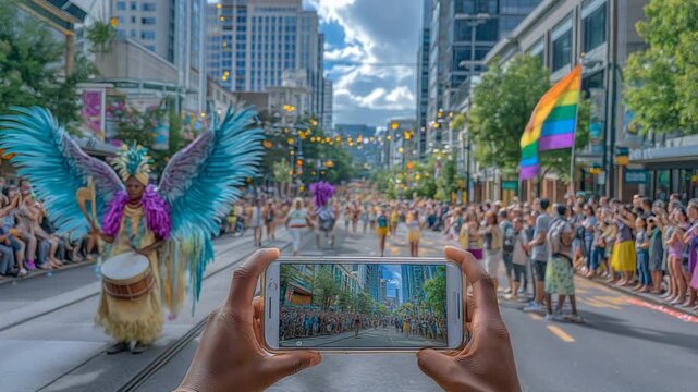 Experience the excitement of an AR Costume Parade featuring vibrant marchers and enthusiastic cheering crowds.