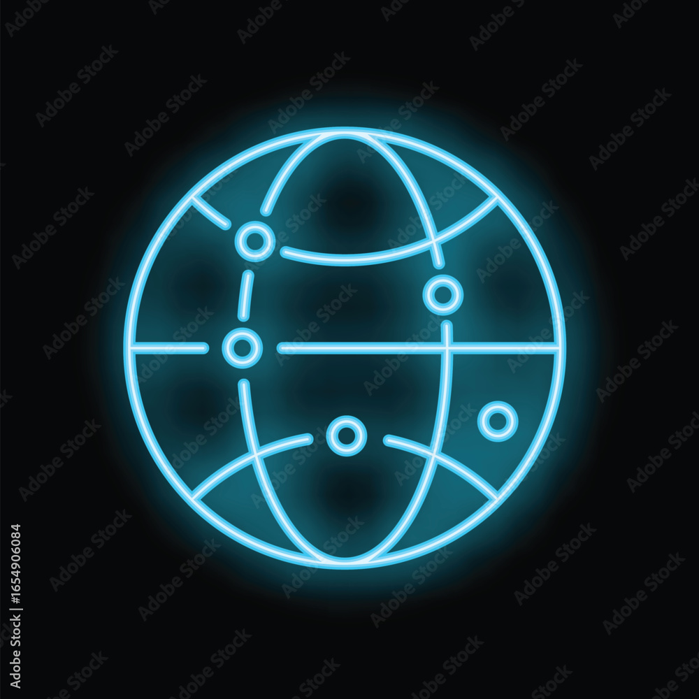 Aufkleber neon blue glowing globe showing global network with connecting lines and dots on black background