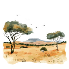 Watercolor Landscape Depicting African Savanna with Trees and Birds