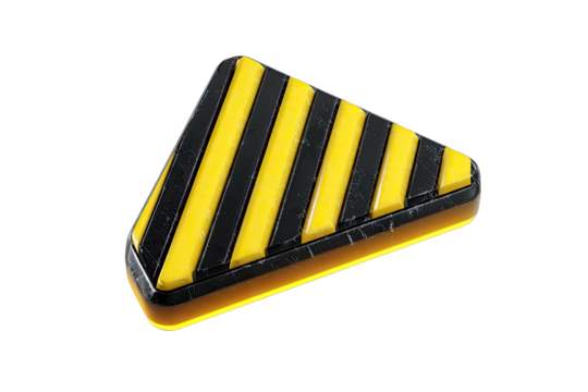 A stylized, 3D triangle with yellow and black stripes