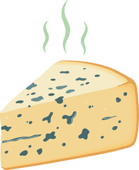 A wedge of pungent blue cheese with visible mold and steaming aroma lines indicating its strong scent