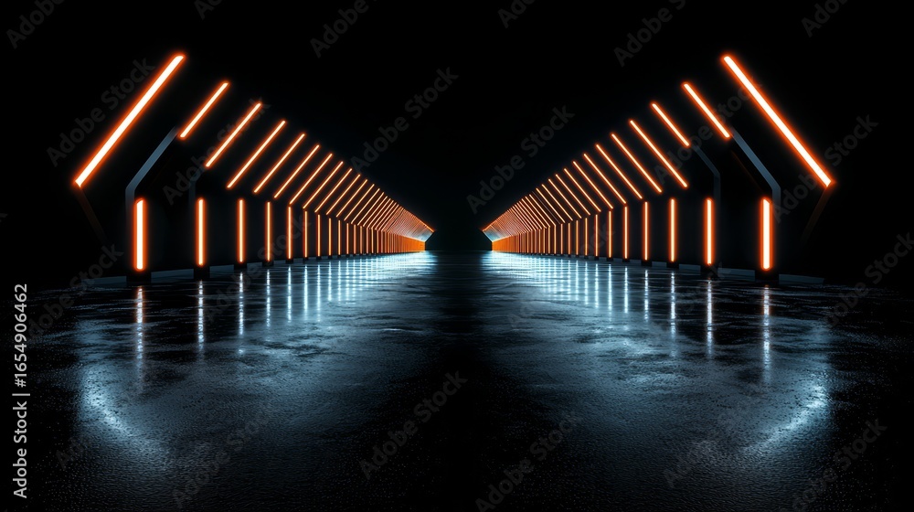 Poster dark tunnel with orange lights shining on the walls. the lights are evenly spaced throughout the tun