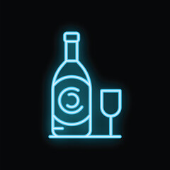 Blue neon sign of a wine bottle and glass glowing on black background